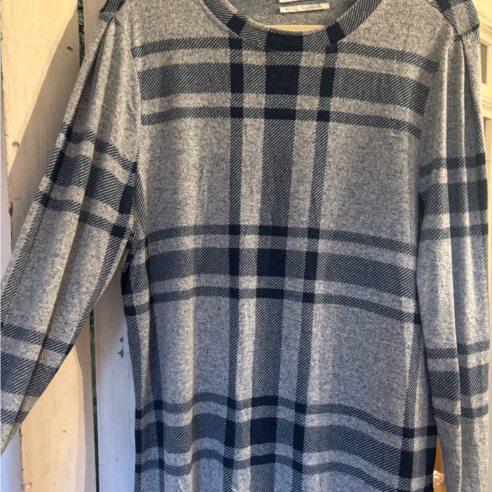 Anthropologie Gray and Navy Plaid Crewneck Sweater